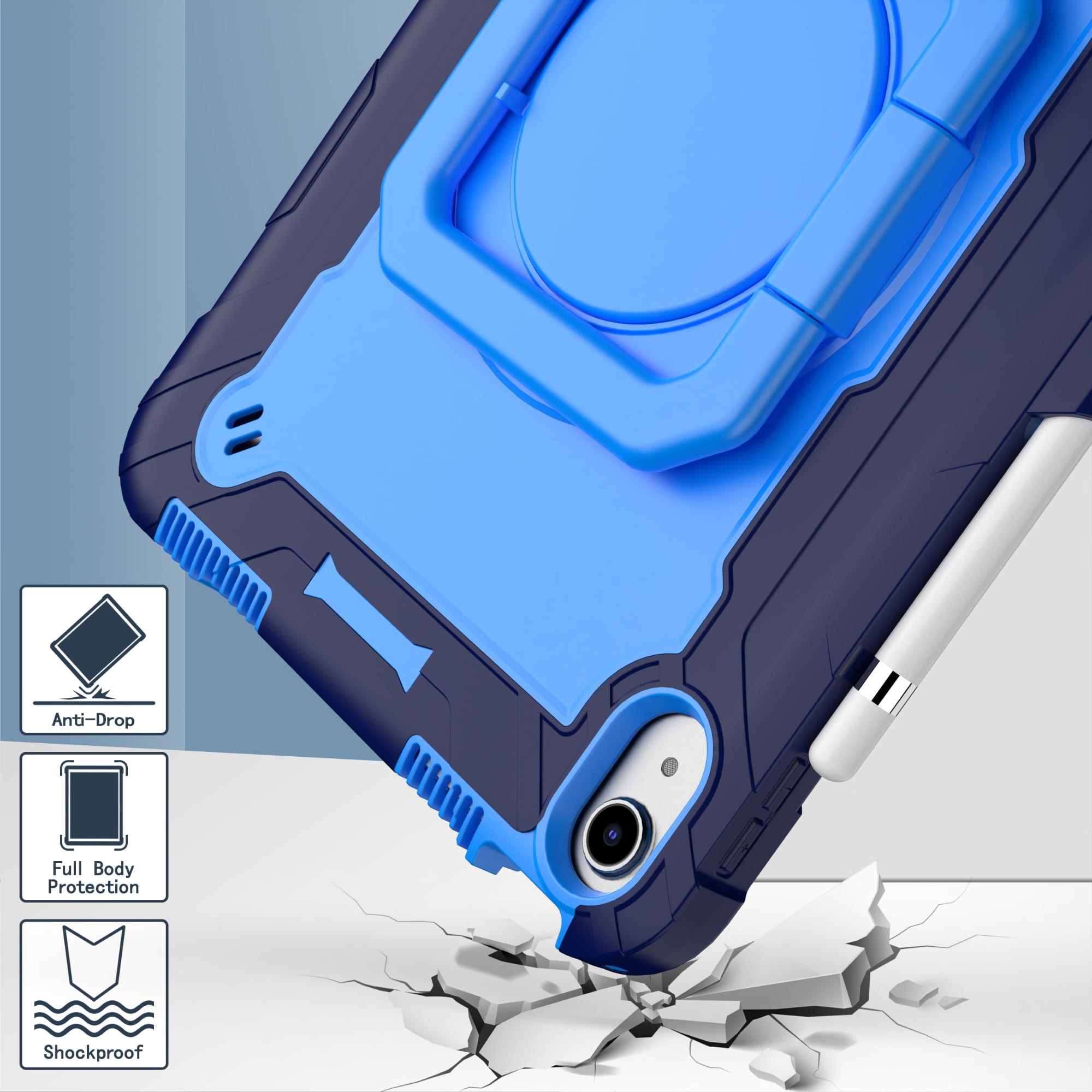 Dteck iPad 10th Generation Case, New iPad 2022 10.9 inch Rugged Case with Screen Protector, Rotating Stand/Pencil Holder/Carrying Shoulder Strap,Blue