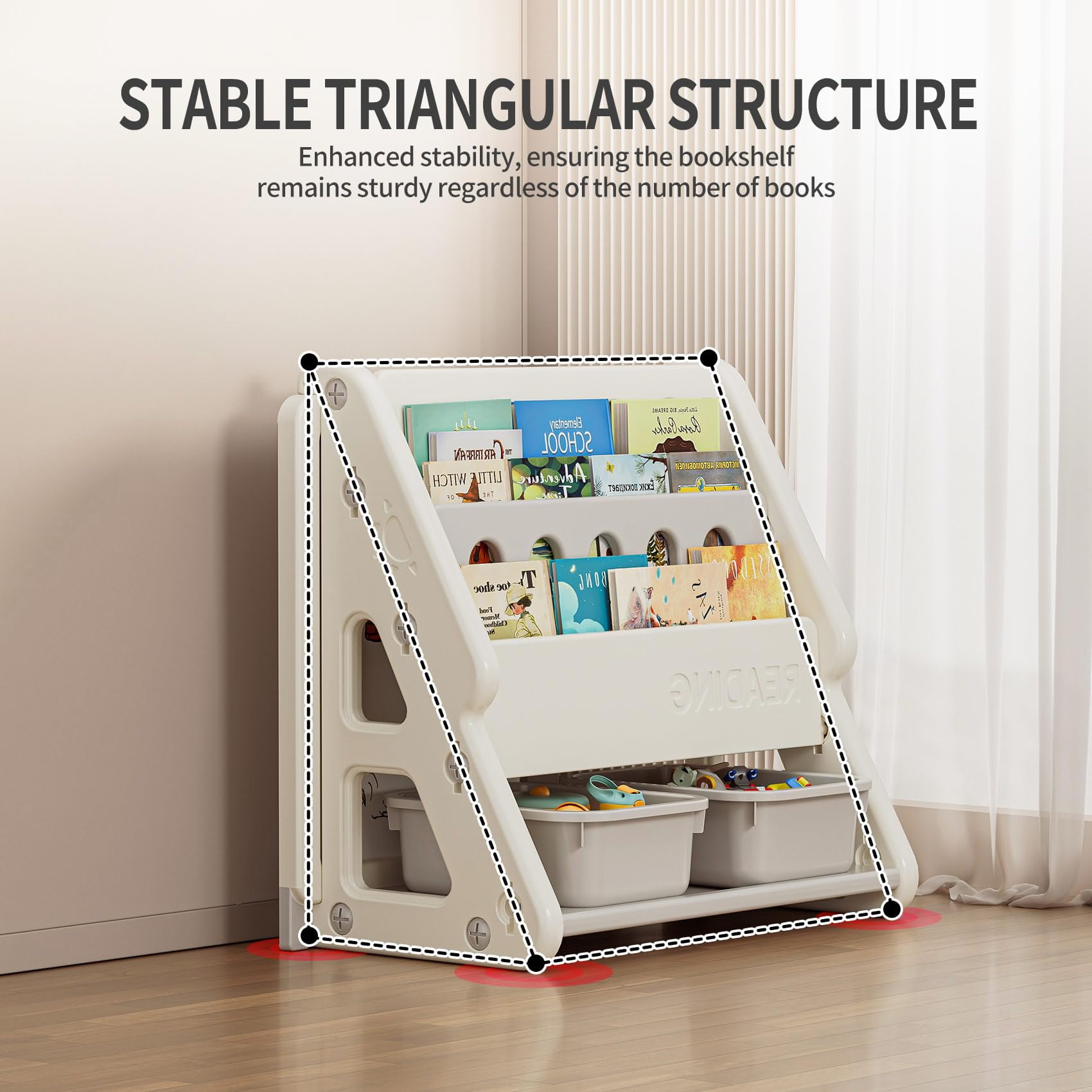 UNICOO® Toddler 3 in 1 Art Board Bookshelf and Organizer, 2-Tier Bookshelves with Storage Rack & Bins, Retractable Drawing Board, Lightweight & Compact for Nursery, Playroom(Grey & White)