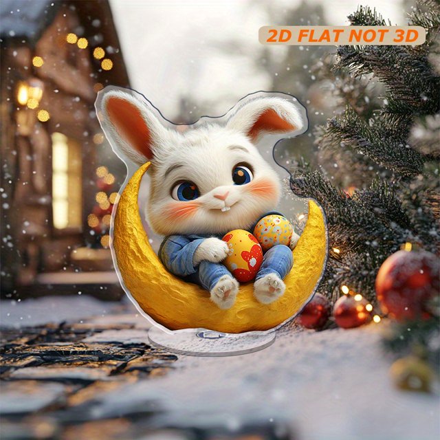 Rotating acrylic ornament featuring a yellow moon with eggs and an Easter bunny on a white background