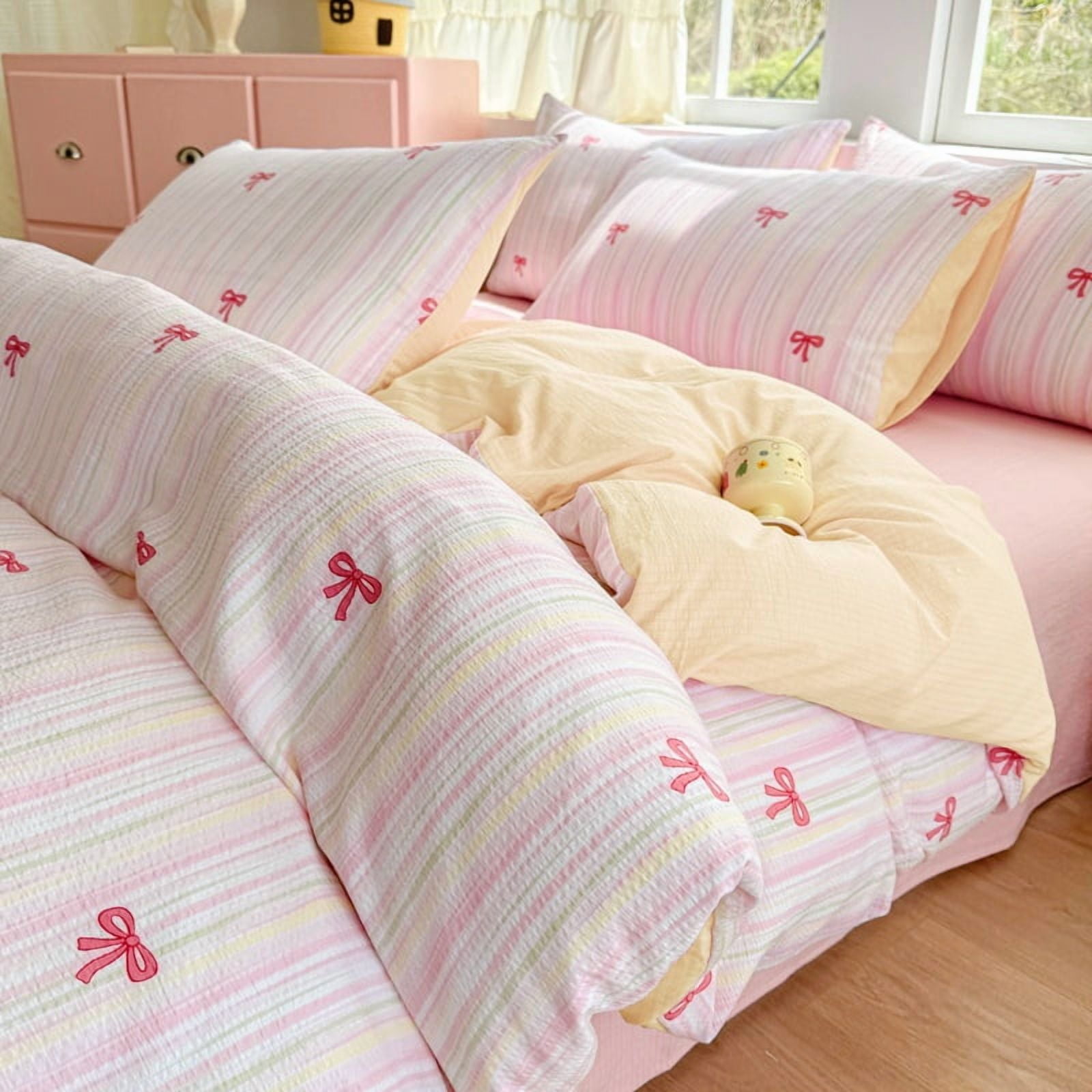 JOLUSERE 2-Piece Colourful Striped Girls Duvet Cover Twin Set, Reversible Pink Bows Soft Bedding Sets for Kids