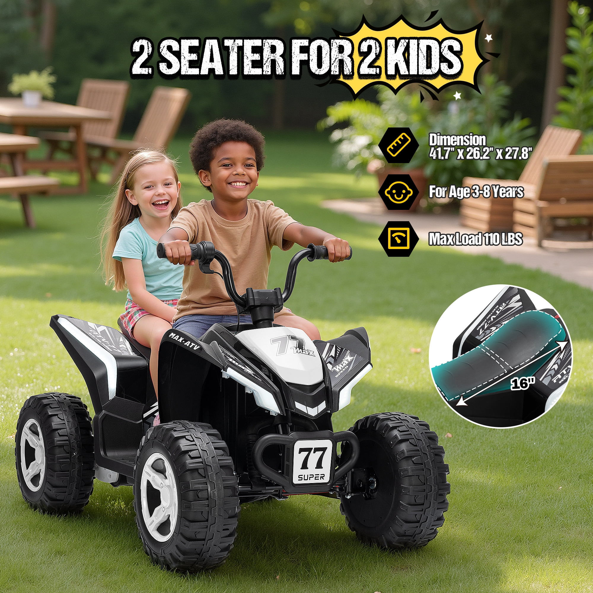 Kids ATV 4 Wheeler, Two Seater 24V Ride On Toy for Big Kid w/Unique LED Light, Music, Wireless, Story, 24 Volt Ride on Car Electric Quad for Boys Girls, White