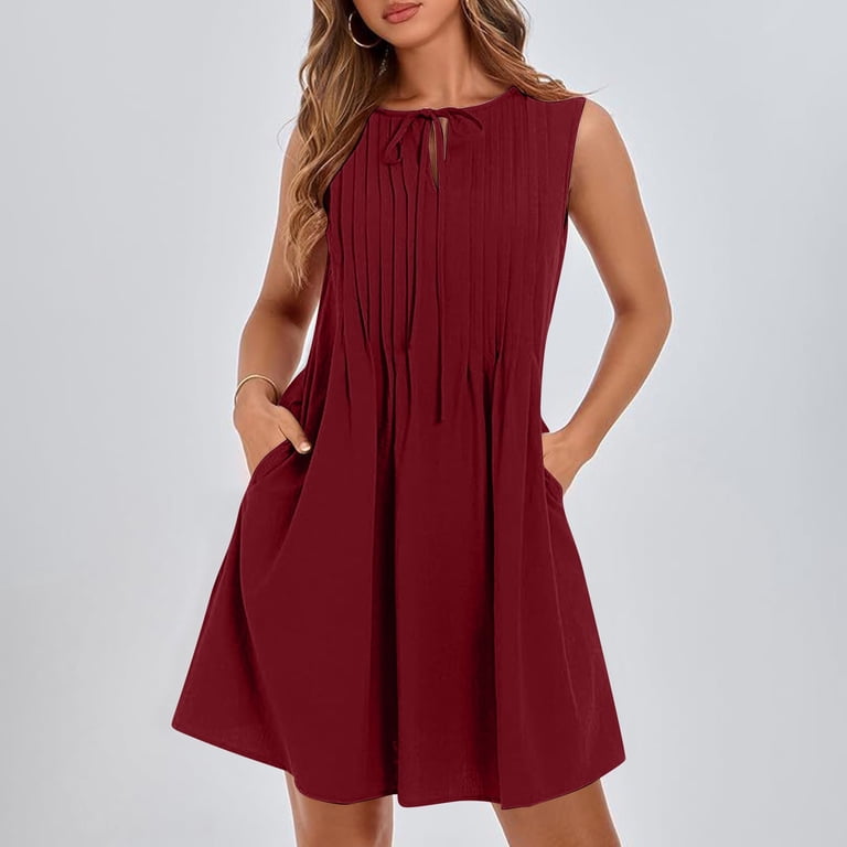 Burgundy Wine Women Crew Neck Lace Faux Linen Dress for Women Sleeveless  Midi Brunch Ruched Tie Knot Fall Summer 2026 Clothing M - Walmart.com