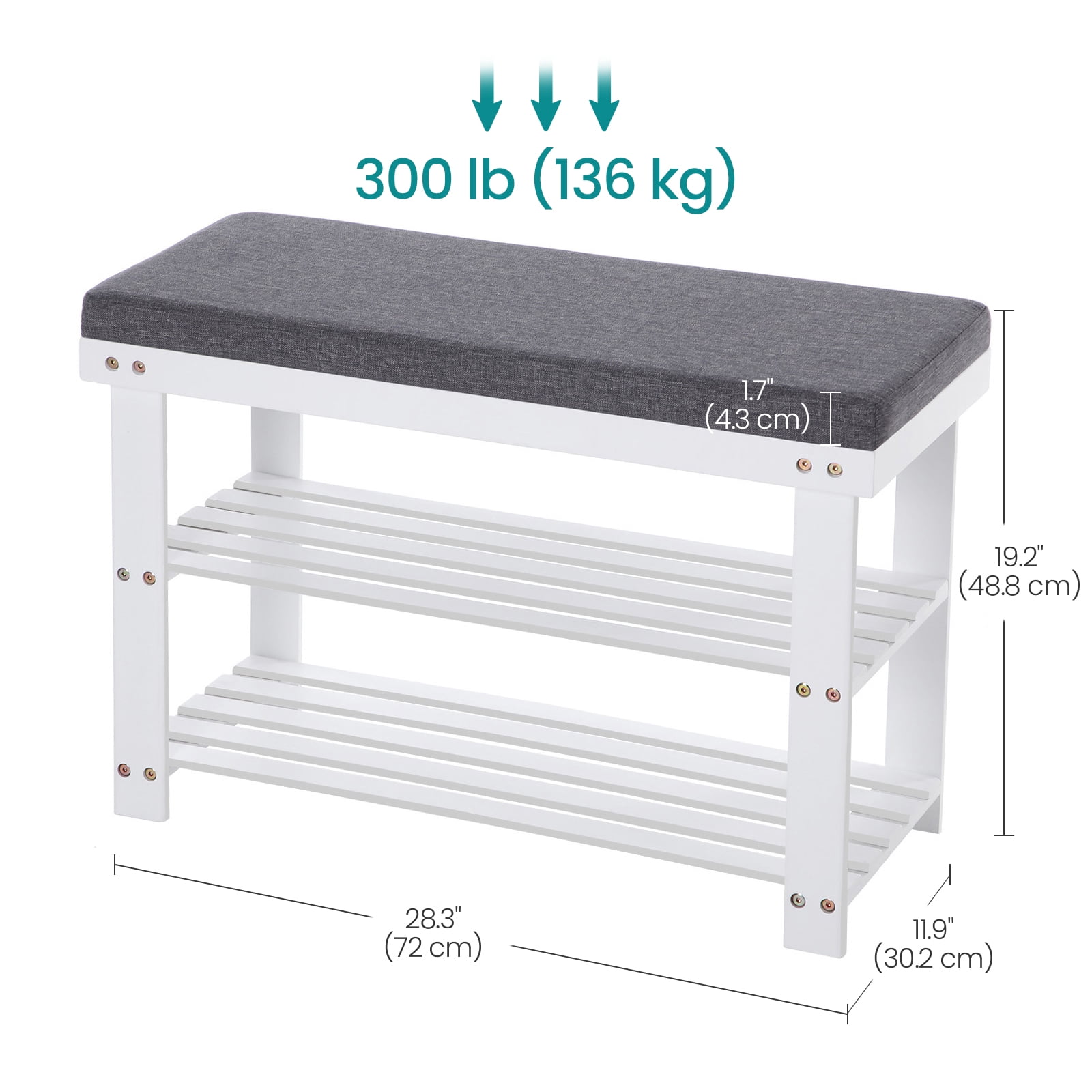 LEDREM Shoe Bench with Cushion, 3-Tier Sturdy Entryway Shoe Rack Organizer, White and Gray