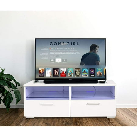 - UBesGoo Modern TV Stand With LED Light 2 Glass Shelves & 2 Drawers Cabinet TV storage Console Furniture White