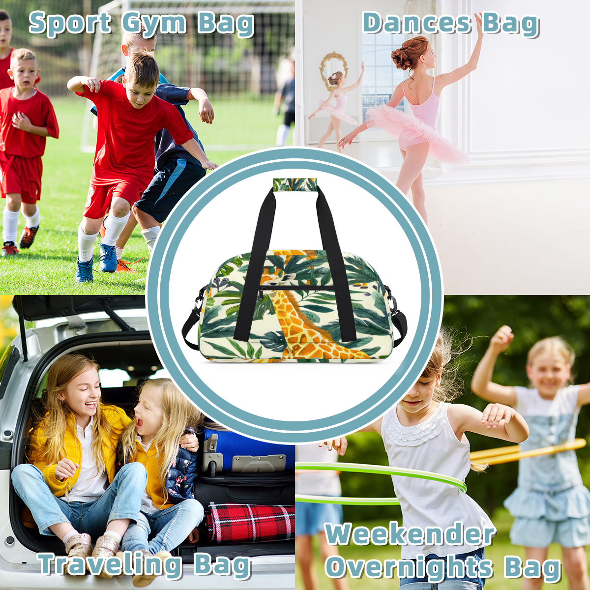 Herdesigns Sports Duffle Bags Travel Duffle Bag Gym Bag Jungle Giraffe Weekender Travel Bag Waterproof Overnight Bag Carry On Travel Tote Bag Dance Bags