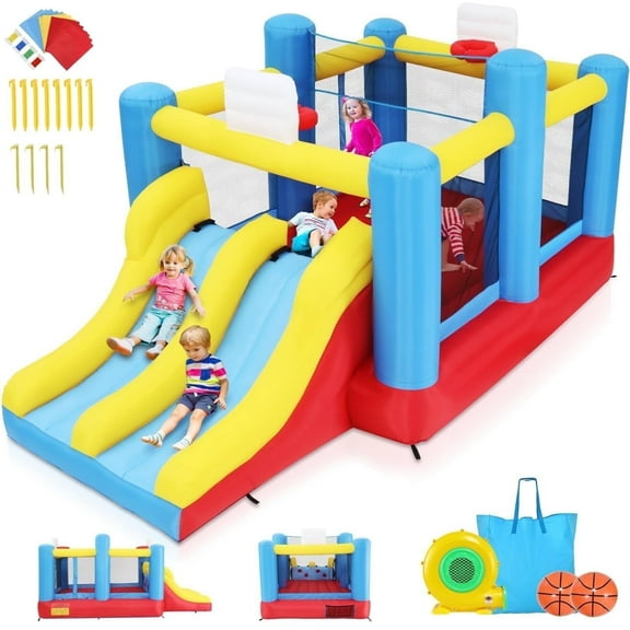 Adnoom Bounce House for 4 Kids with Double Slides & Basketball Hoops, Bouncy House with 550W Blower, Inflatable Jump House with Removable Volleyball Net, Indoor/Outdoor, 15 x 8 x 7.5ft
