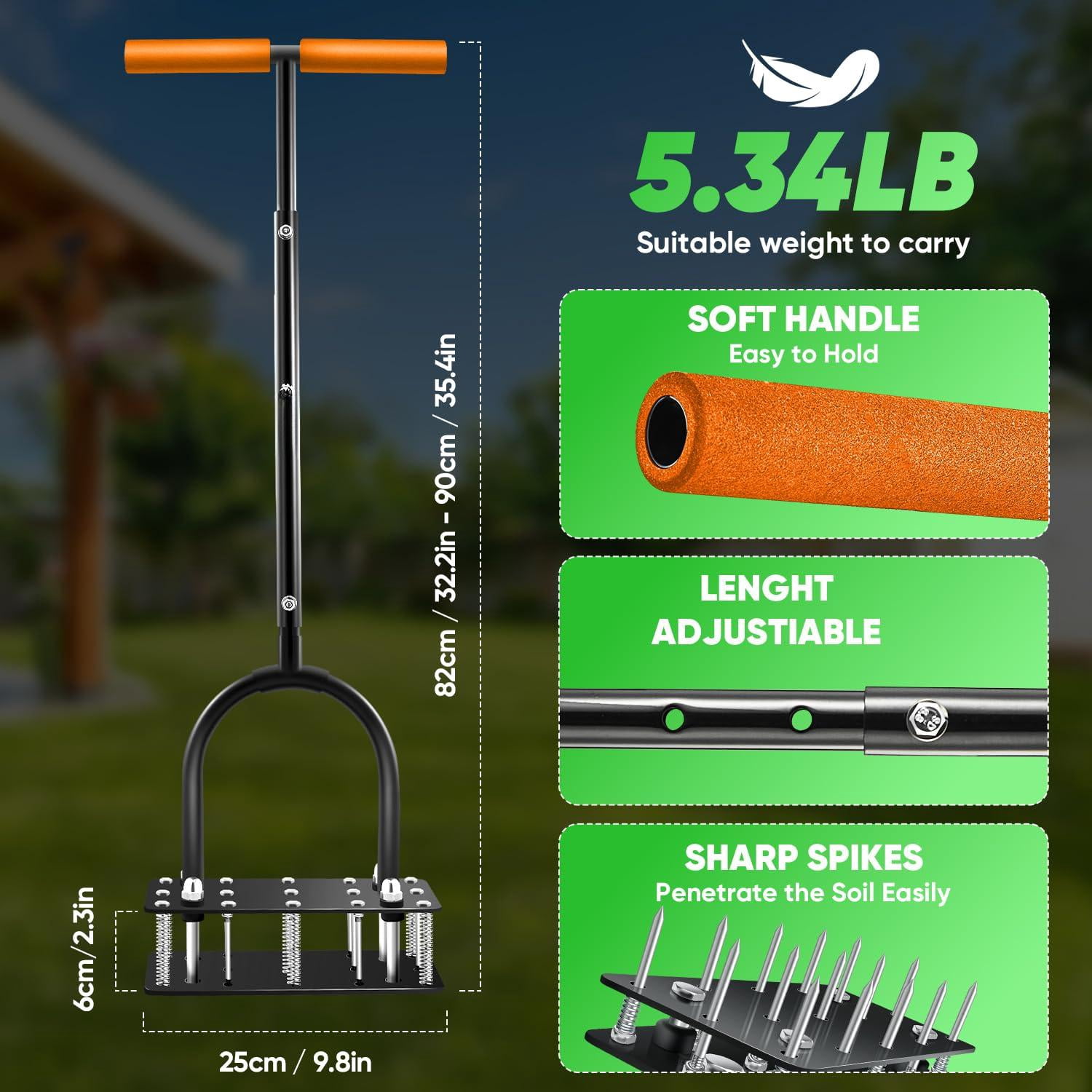 Manual Lawn Aerator Tool  With 15 Iron Spikes Adjustable Height Double-layer Spring Heavy-duty Gloves For Loosening Soil Aerating Patio Yard Garden Orange