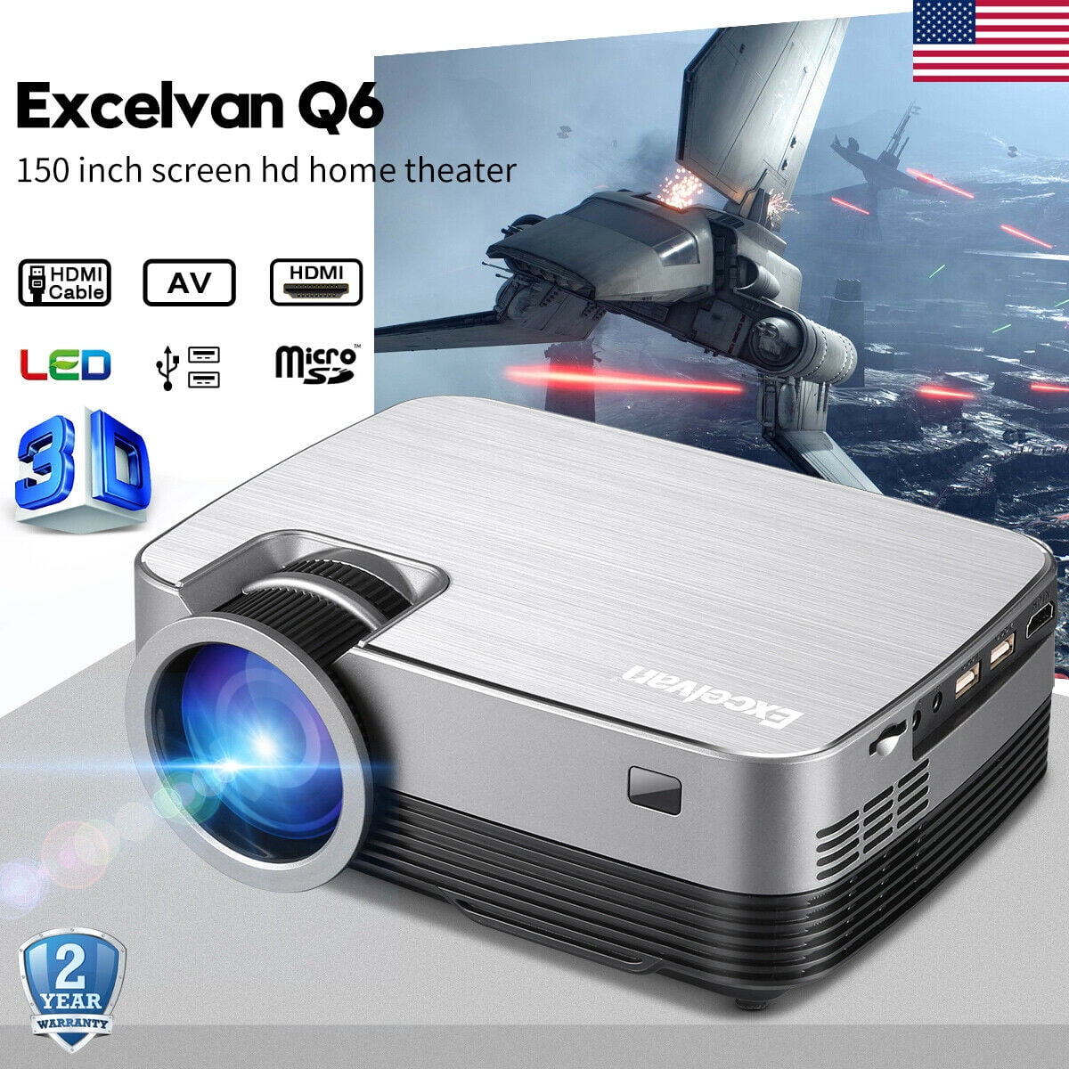 Excelvan Q6 HD Video Projector Outdoor Movie Projector Home Theater