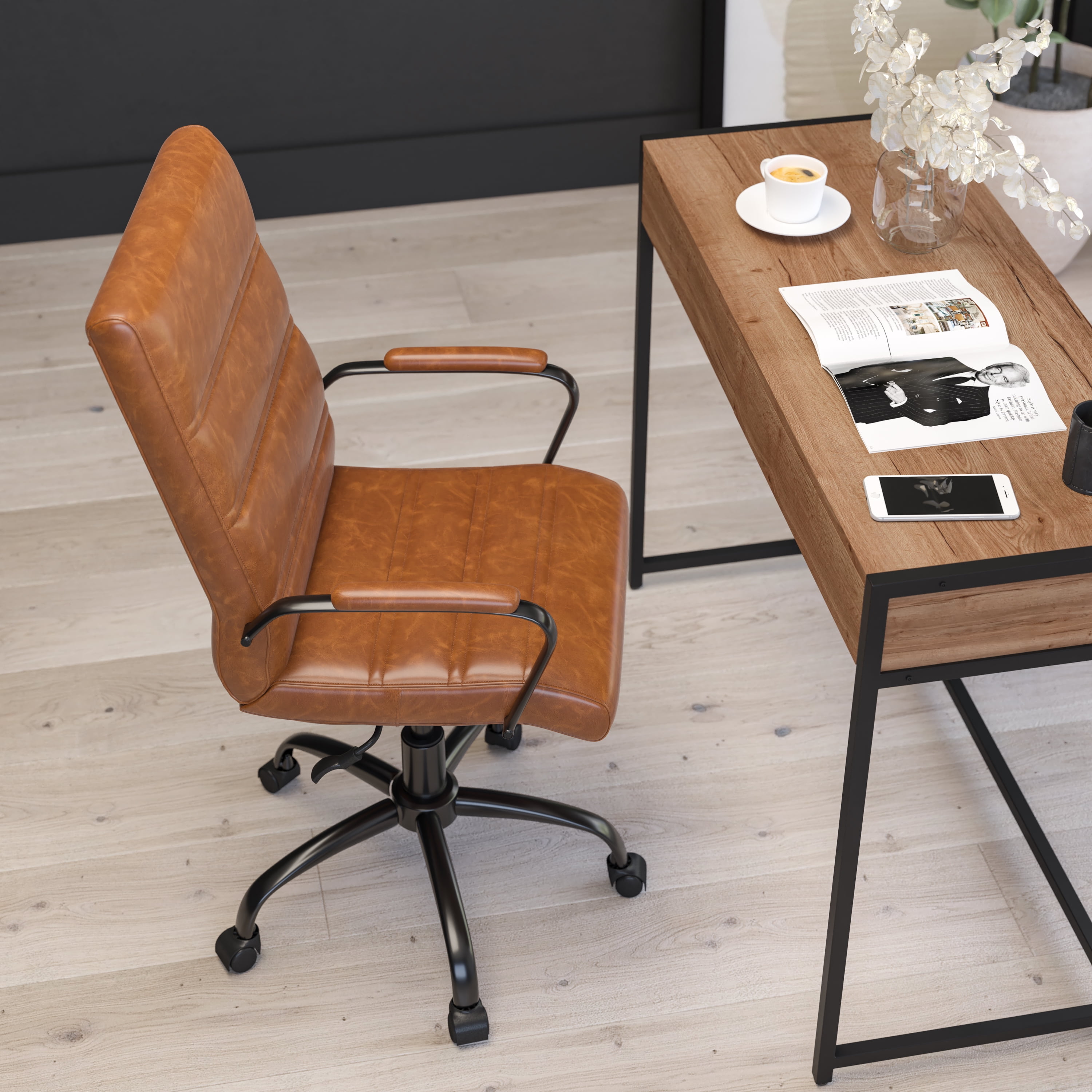 Merrick Lane Contemporary Mid-Back Brown Faux Leather Home Office Chair with Padded Black Arms