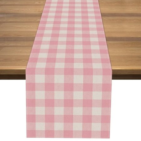 

Nepnuser Linen Pink and White Buffalo Check Plaid Table Runner Gingham for Pink Farm Birthday Party