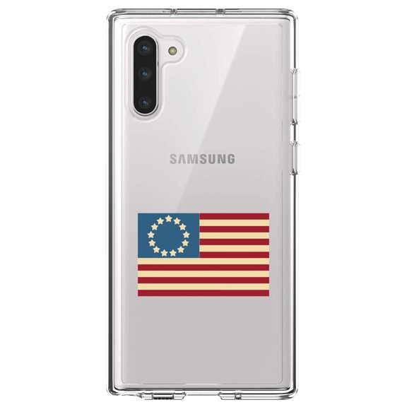 DistinctInk Clear Shockproof Hybrid Case for Samsung Galaxy Note 10 (6.3" Screen) - TPU Bumper Acrylic Back Tempered Glass Screen Protector - USA Colonial Flag Red White & Blue