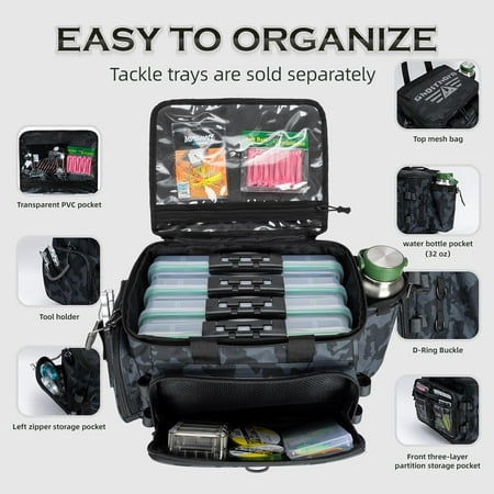 Fishing Tackle Bag with Rod Holder - Waterproof Base Adjustable Padded Shoulder Strap (Black Camouflage)