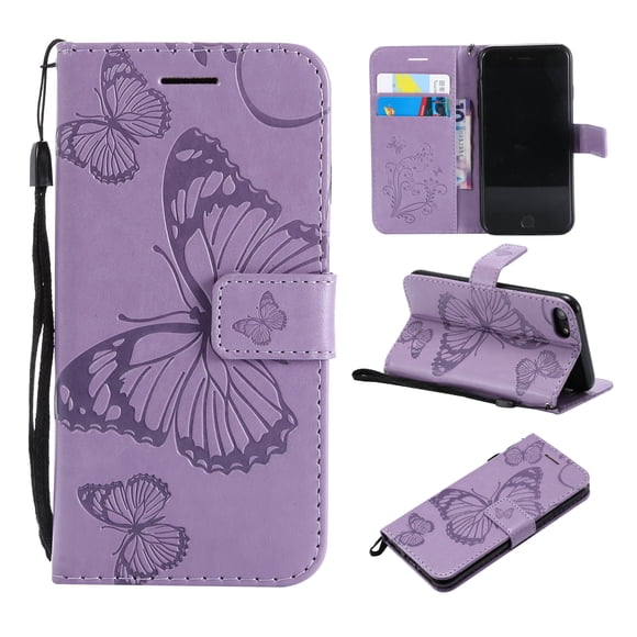 iPhone SE Case 2022/2020, iPhone 7/ 8 Wallet case, Allytech Pretty Retro Embossed Butterfly Flower Design PU Leather Book Style Wallet Flip Case Cover for Apple iPhone SE 2022/2020 - Purple