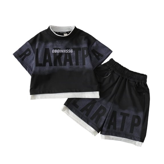 CUZIBR Kids Cool And Stylish Boys Summer Casual Outfit Sets Short Sleeve Two Piece Loose Fit Children For Play Clothes Sets,Black,11-12 Years