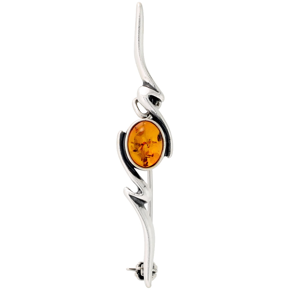 Sterling Silver Oval Cabochon Russian Baltic Amber Brooch Pin, 1 15 16 inch wide by WorldJewels