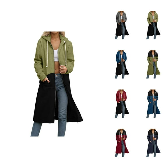 Womens Long Hoodie 2025 Color Block Long Sleeve Full Zipper Hoodies with Pocket Jacket Cardigan Coat Hooded Sweatshirt