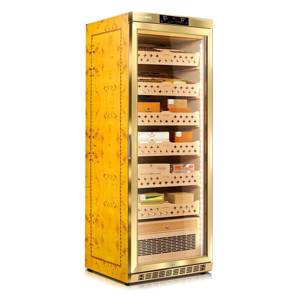 Cigar Climate Control Cabinet, Raching MON2800 Cigar Humidor Cabinet with Ammonia Removal, 320L Wood Frame Cabinet for Cigar Storing&Aging - Gold
