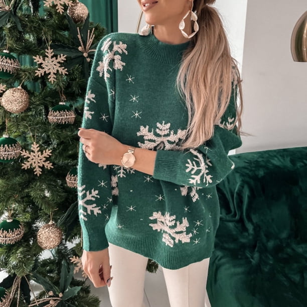 Suéter Jersey básico para mujer, manga larga, patrón de copos de nieve, traje de vacaciones (verde L) Kuymtek Verde T L para Mujer