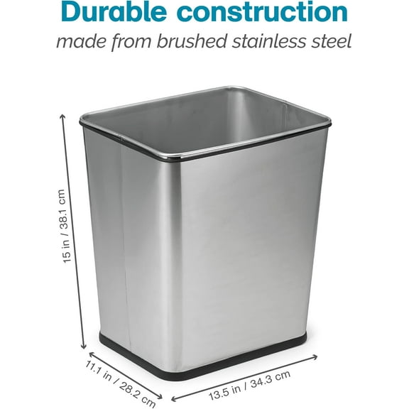7 Gallon, Undersink, No Skid Rubber Base, Brushed Stainless Finish Trash Can, 13.5” x 11” x 15.25”H