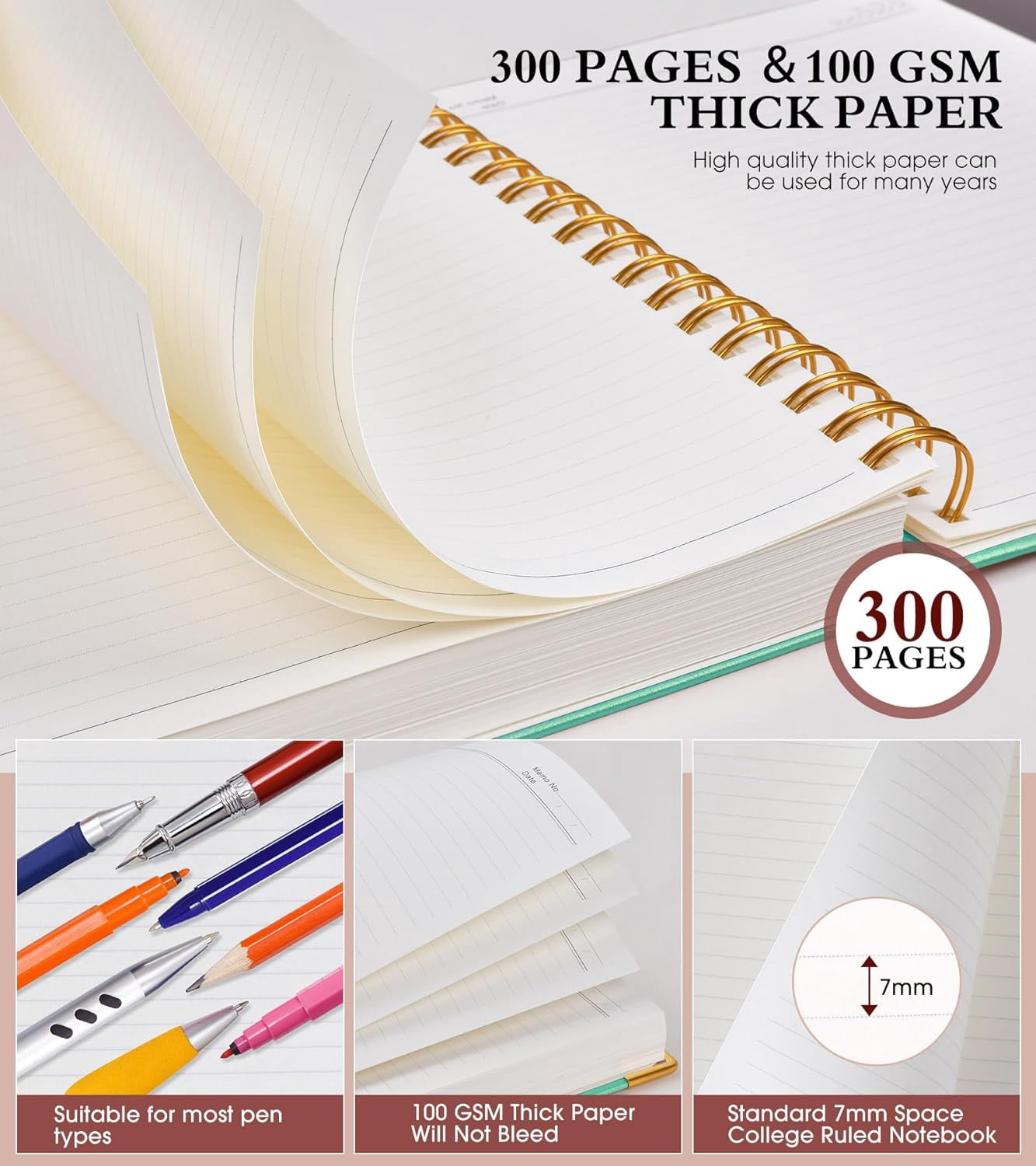 5.75"×8.38" A5 Leather Hardcover Spiral Notebook, 300 Pages, 100GSM College Ruled Journal for School Work, Teal