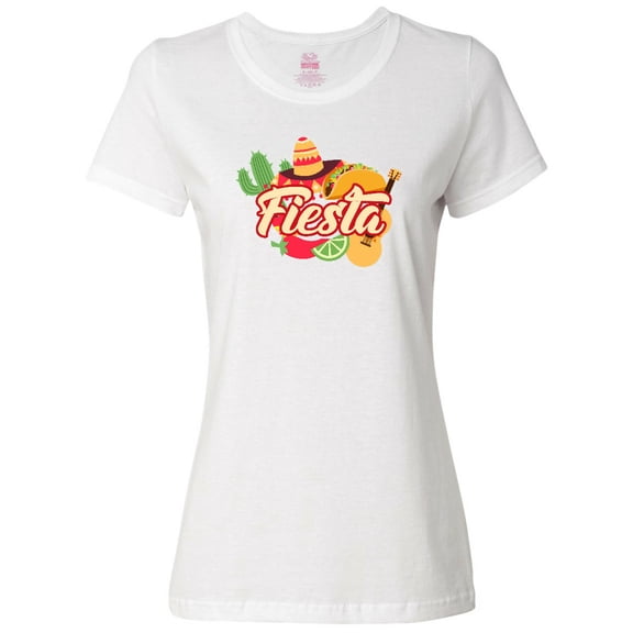 Inktastic Fiesta with Sombrero Taco Cactus Lime Red Pepper and Guitar in Background Women's T-Shirt
