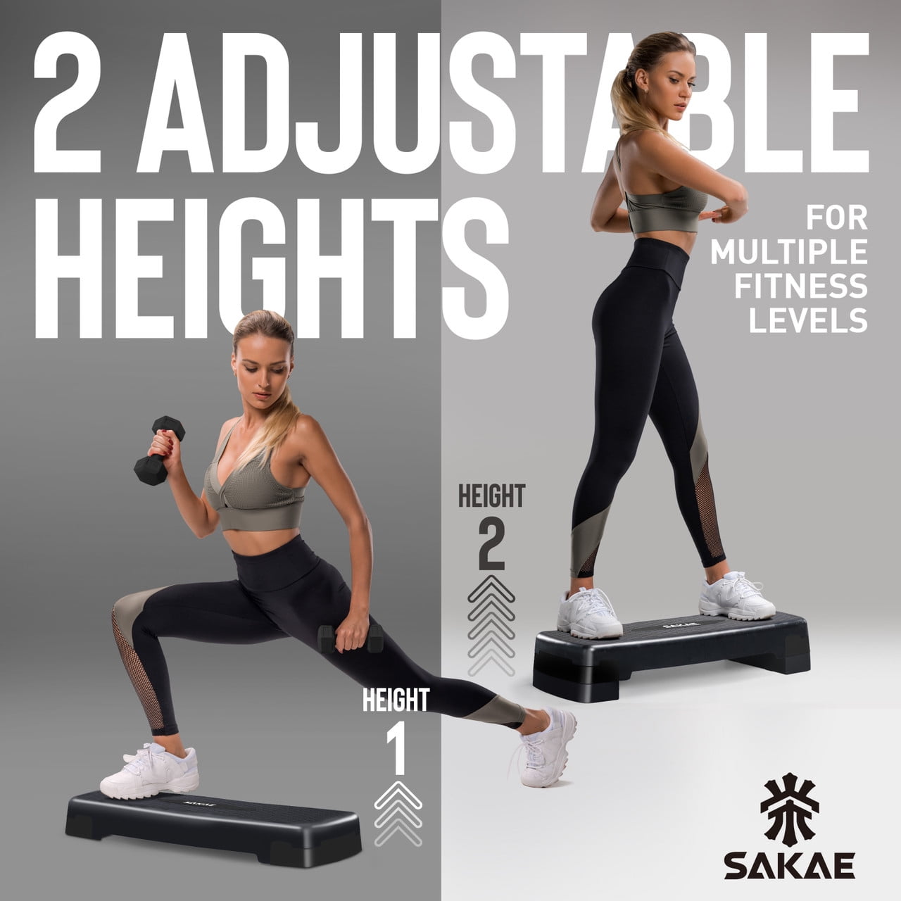 SAKAE Black Exercise Step Platform Set with Ankle Weights & Measuring Tape, Adjustable Height 2 Level Risers Workout Step Trainer, Aerobic Steppers for Home Gym Exercise Fitness Workout