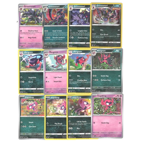 Collectible Grimmsnarl Pokemon 12 Card Lot - Morgrem Impidimp - Brilliant Star - Fusion Strike -073/159