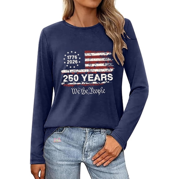 Likimi Patriotic Shirts For Women 4Th Of July Print Long Sleeve Crew Neck Breathable T Shirts Navy Size L