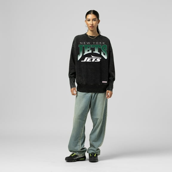 Women's Mitchell & Ness Black New York Jets Delineate Mineral Wash Crewneck Sweatshirt