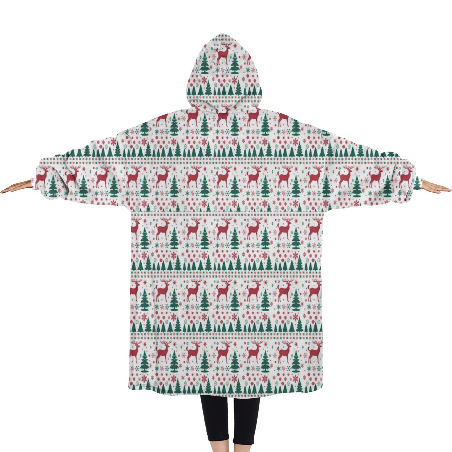 Oversized Wearable Blanket Hoodie,White Christmas Deer and Tree Pattern Sherpa Blanket Hoodie with Super Pockets,Super Warm Fuzzy Pullover for Women & Men
