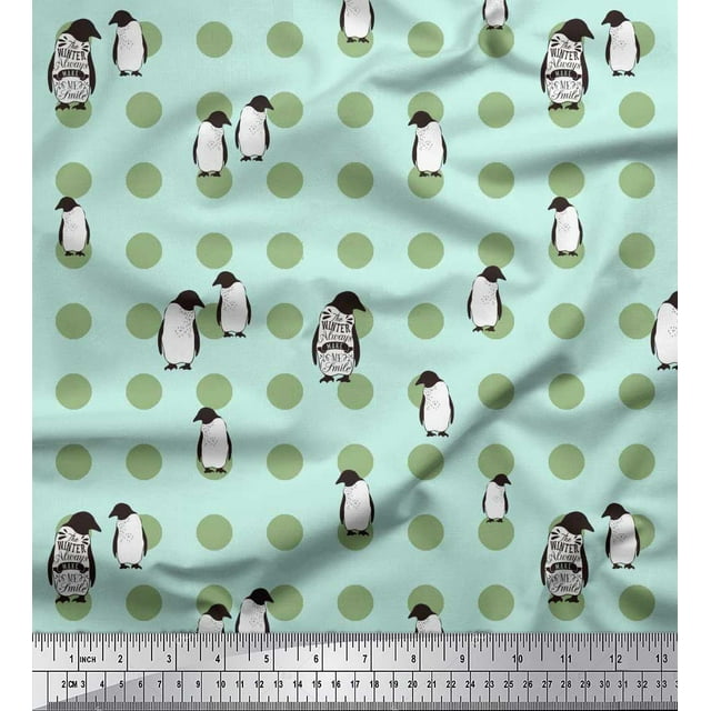 Soimoi Rayon Fabric Dot & Penguin Ocean Printed Fabric 1 Yard 56 Inch Wide