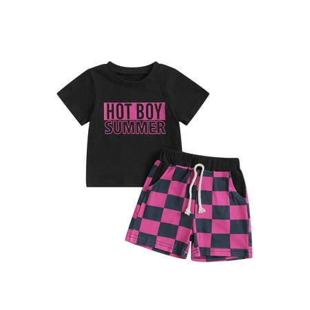 

Licupiee Toddler Baby Boy Clothes Short Sleeve T-Shirt Tops +Checkerboard Plaids Shorts 2Pcs Clothing Set Checkered Outfit