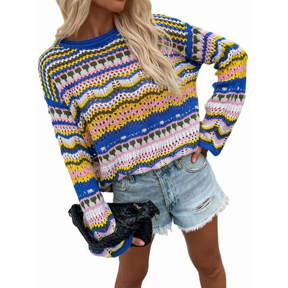 Women'S Colorful Sweater Crochet Open Knit Long Sleeve Crew Neck Oversized Sweater Blue M