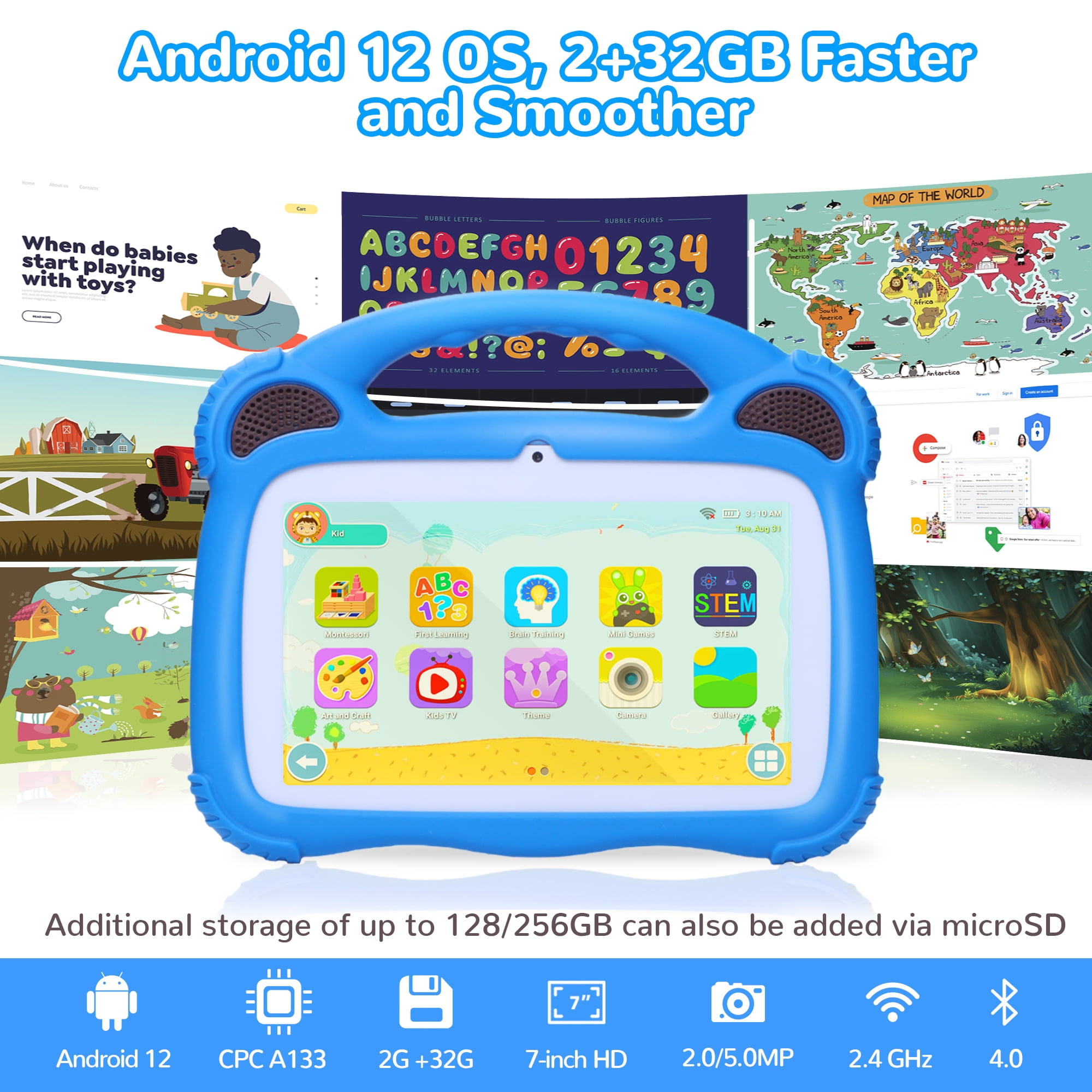 WEYI Kids Tablet, 7in Tablet 1960x1080 IPS Dual Camera Green 4GB RAM 32GB ROM for Writing US Plug