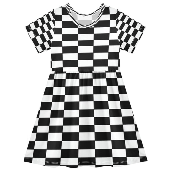 Toddler Girls Short Sleeve Summer Dress, Cute Casual Print Dress for Girls 2-8 Years, Soft Breathable Comfortable Daily Beach Party Dress Classic Black-and-white Checkered Pattern