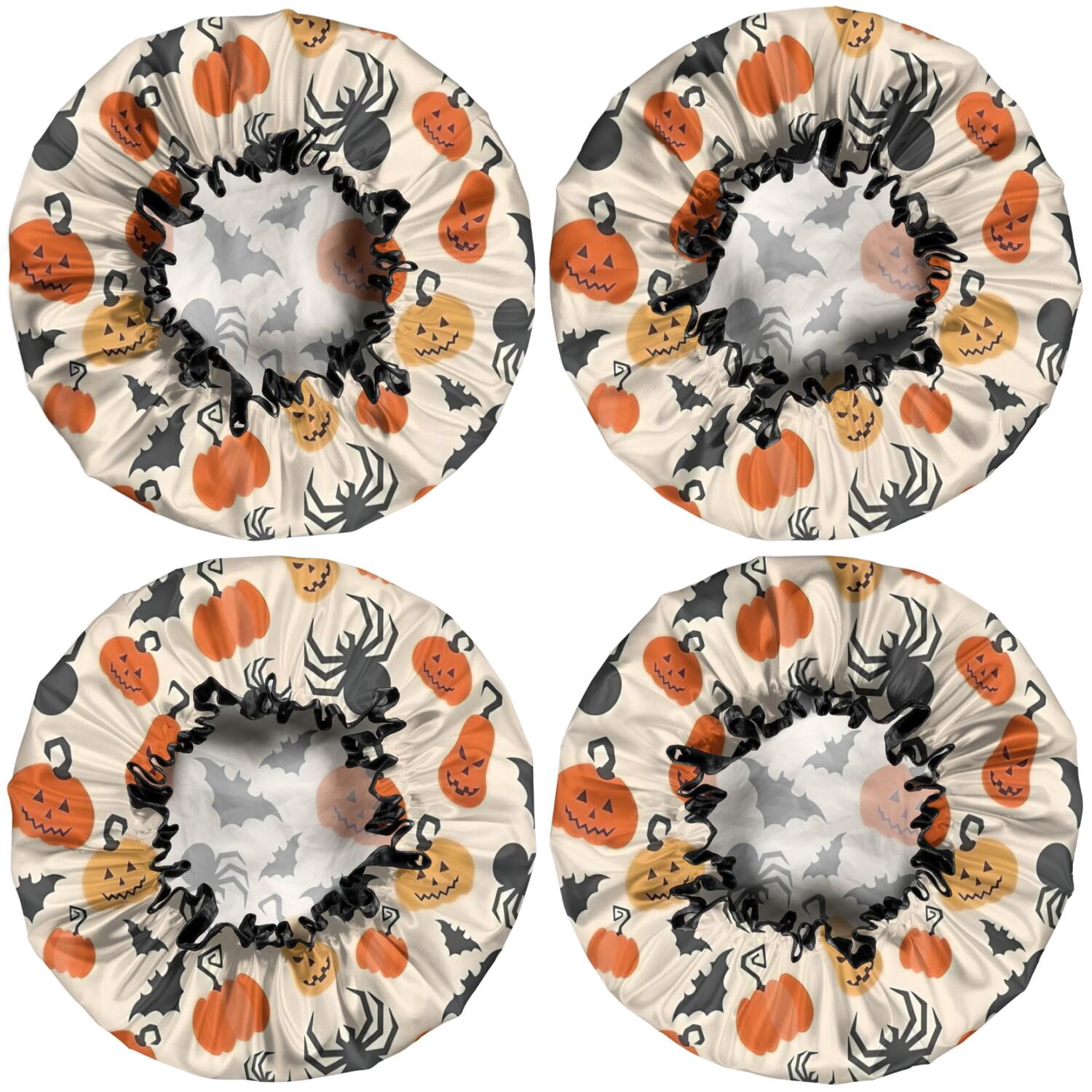 Shower Caps,Halloween Pumpkin Spider Pattern Waterproof Shower Cap for Women 4 Pieces,Double Reusable Hair Cover for Shower PEVA Elastic Stretch Hem
