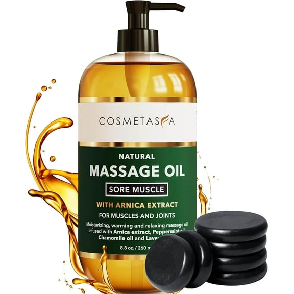 Cosmetasa Sore Muscle Massage Oil with Arnica Extract, Hot Stones Massage Set, 8.8 fl oz