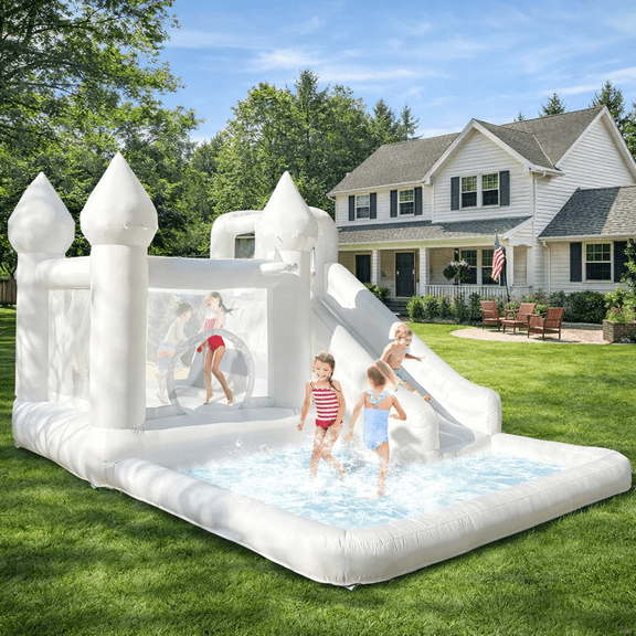 14ft Inflatable Water Slide & Bounce House with Ball Pit and Blower, White Oxford Outdoor Playhouse for Kids