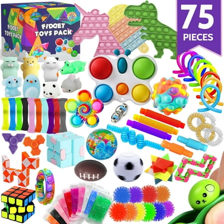 75 pcs Fidget Toys Kids Pack - Pinata Stuffers, Party Favors, Classroom Stress Relief Prizes - Treasure Chest Goody Bag with Pop its for Autistic and ADHD - Autism Bulk Fidgets Box Gifts for Kids