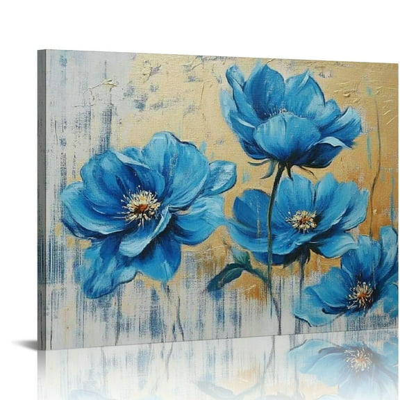 Patifu Large Blue Flowers Wall Art Abstract Lotus Textured Painting Elegant Picture Modern Grey Gold Artwork for Living Room Bedroom Bathroom Kitchen Office Home Decor 20x16in