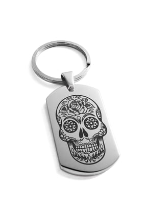 Stainless Steel Day of the Dead Sugar Skull Engraved Dog Tag Keychain Keyring