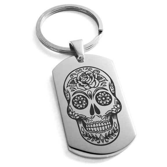 Stainless Steel Day of the Dead Sugar Skull Engraved Dog Tag Keychain Keyring
