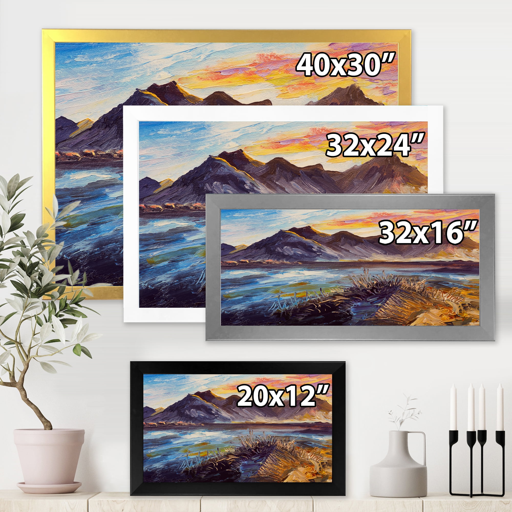 Designart 'Impression Pink Sunset Over The Mountains By The Sea' Nautical & Coastal Framed Art Print