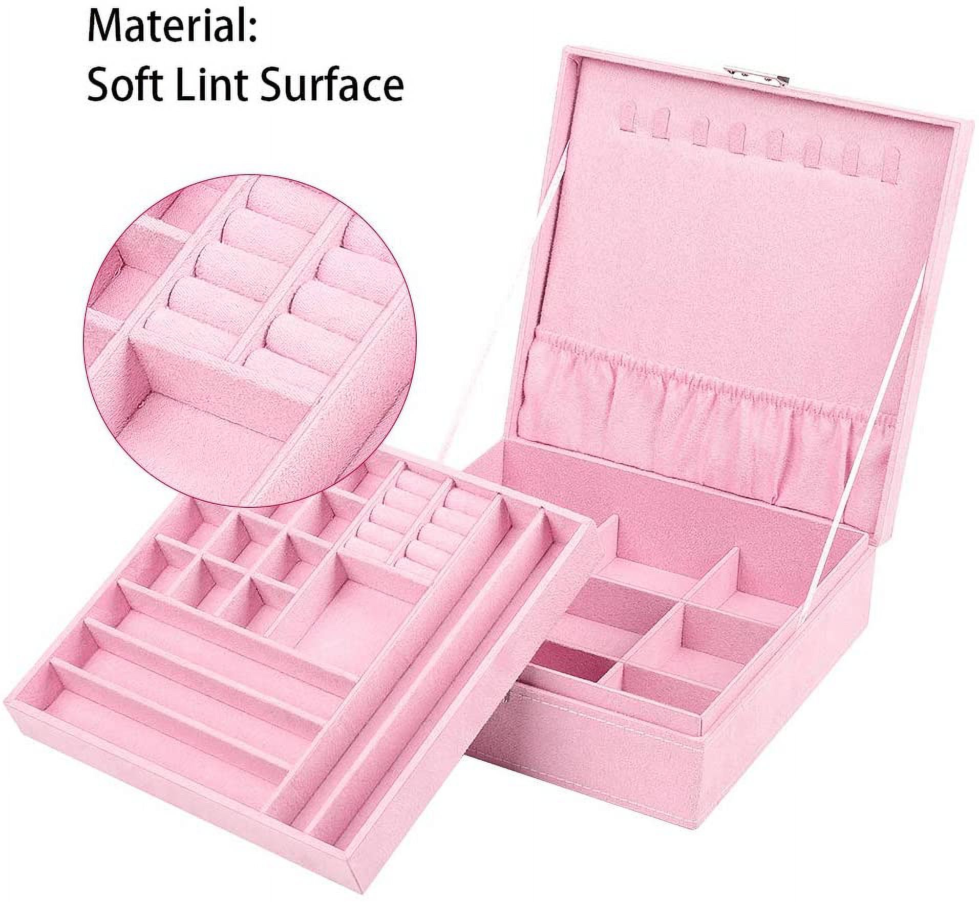 Jewelry Box Organizer, 2 Layers Lint Jewelry Display Storage Case with Lock - Pink