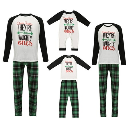 

Matching Family Christmas Pajamas Long Sleeve Letter Printed Raglan Tops + Green Plaid Pants Set Loungewear