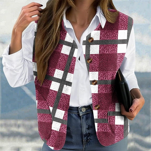 Women's Pink Plus Size Casual Outerwear Vest Warm Double-Sided Printed Loose Collarless Button Design