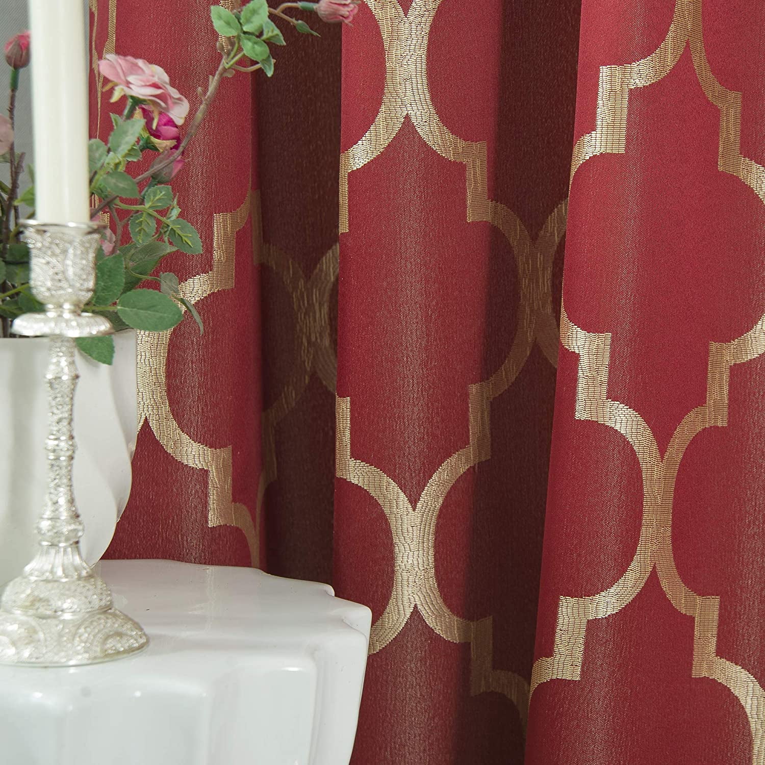 Elegant Comfort Quatrefoil Jaquard Look Curtains with Pleated Attached Valance, with Rod Pocket for Kitchen, Bedroom and Living Room (54 X 84-inches Long, Set of 2), Burgundy