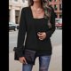 thumbnail image 5 of Tops de Larga con Cuello Cuadrado de Color Liso para Mujer Negro XL, 5 of 8