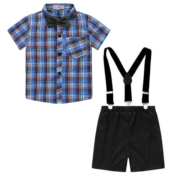 Jhhlsf Matching Sets for Boys Short Sleeve Plaid Shirt Shorts Tie Gentleman Suits Kids Clothes