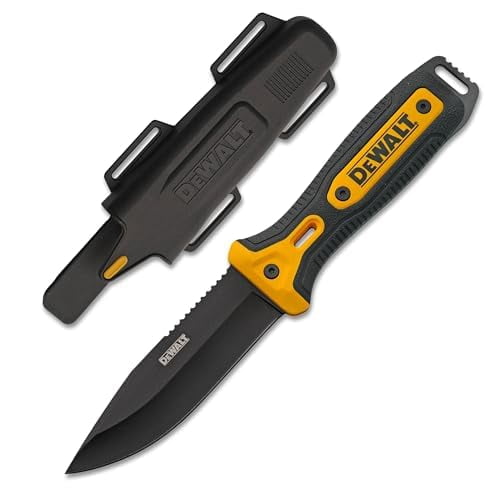 DEWALT 10-Inch D2 Steel Fixed Blade Knife with Full Tang Construction and Ergonomic Rubber Grip – Outdoor and Jobsite Utility Knife with Molded Sheath